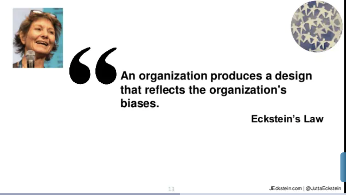 Eckstein's Law: An organization produces a design that reflects the organization's biases.