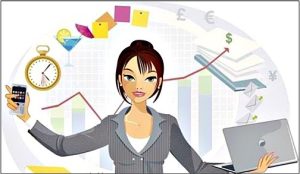 A woman juggling a laptop, an alarm clock, money, sticky notes and more