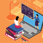Cartoon of person sitting on a stack of books, looking at a laptop screen, where a person is pointing to a blackboard