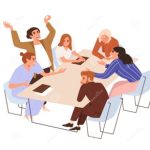 cartoon people around a table raising their arms and pointing at each other, arguing