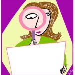 Woman inspecting document with magnifying glass