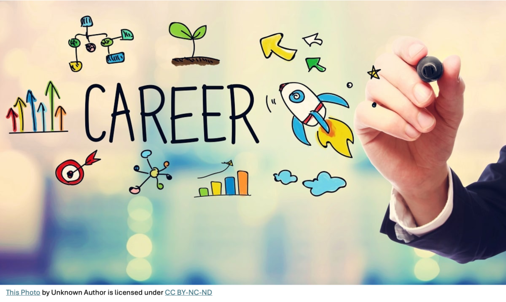 Hand writing "career" on a window with rockets and other images denoting growth